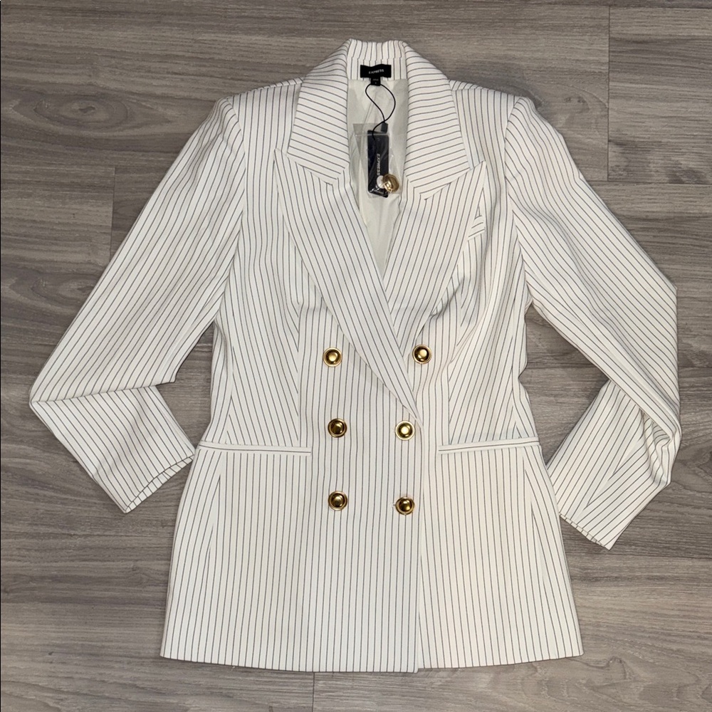 New Express Women's White Striped Blazer with Gold Buttons